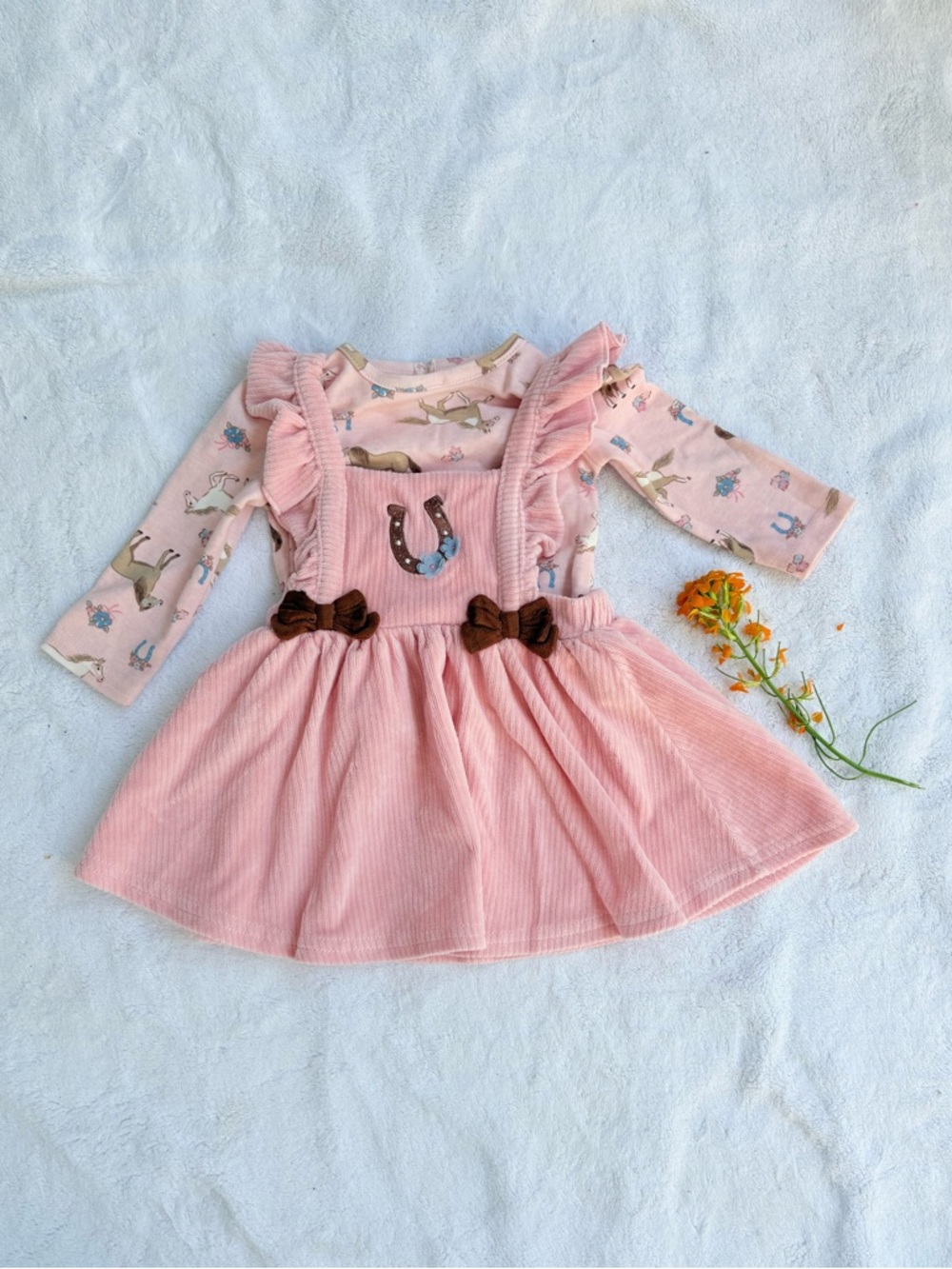 Pink Corduroy Dress with Horse Print